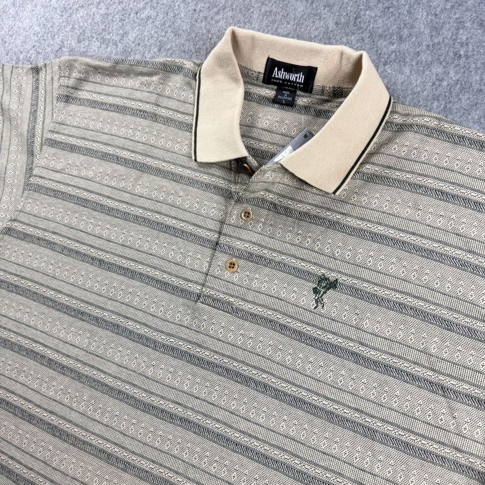 Ashworth Mens Large Tan Grey Geometric Stripe Short Sleeve Cotton Golf Polo
